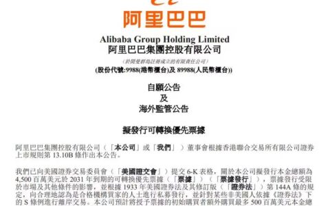 阿里巴巴官宣！拟发行45亿美元可转换优先票据，2031年到期